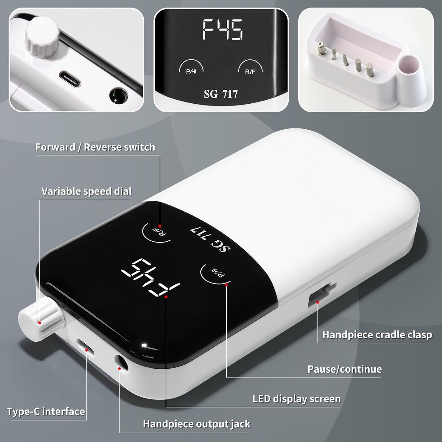 Professional Electric Nail Drill Machine,45000RPM Portable Rechargeable Efile Nail Drill Cordless,Electric Nail File Kit for Women (White)