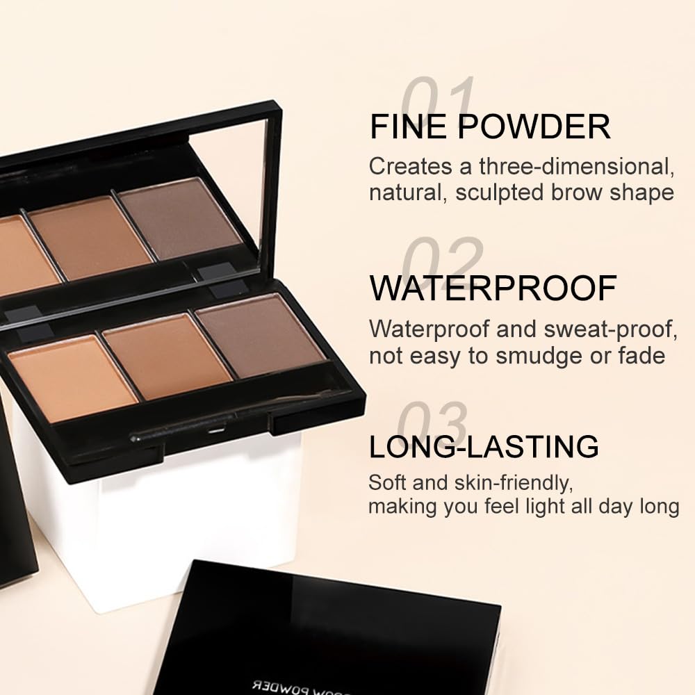 Eyebrow Powder Dark Brown Medium Brown Kit,Eye Brow Powder for Women with Brow Brush,Long-Lasting Waterproof Three Colors Brow Filler Get Full Defined Natural Brows,Brown Eyebrow Powder Makeup