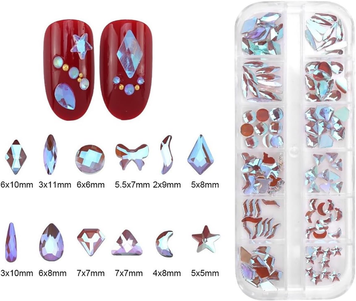 120pcs Flatback Rhinestones Glass Charms Diamantes Gems Stones for Nail Art Box Multi Shapes Aurora Purple