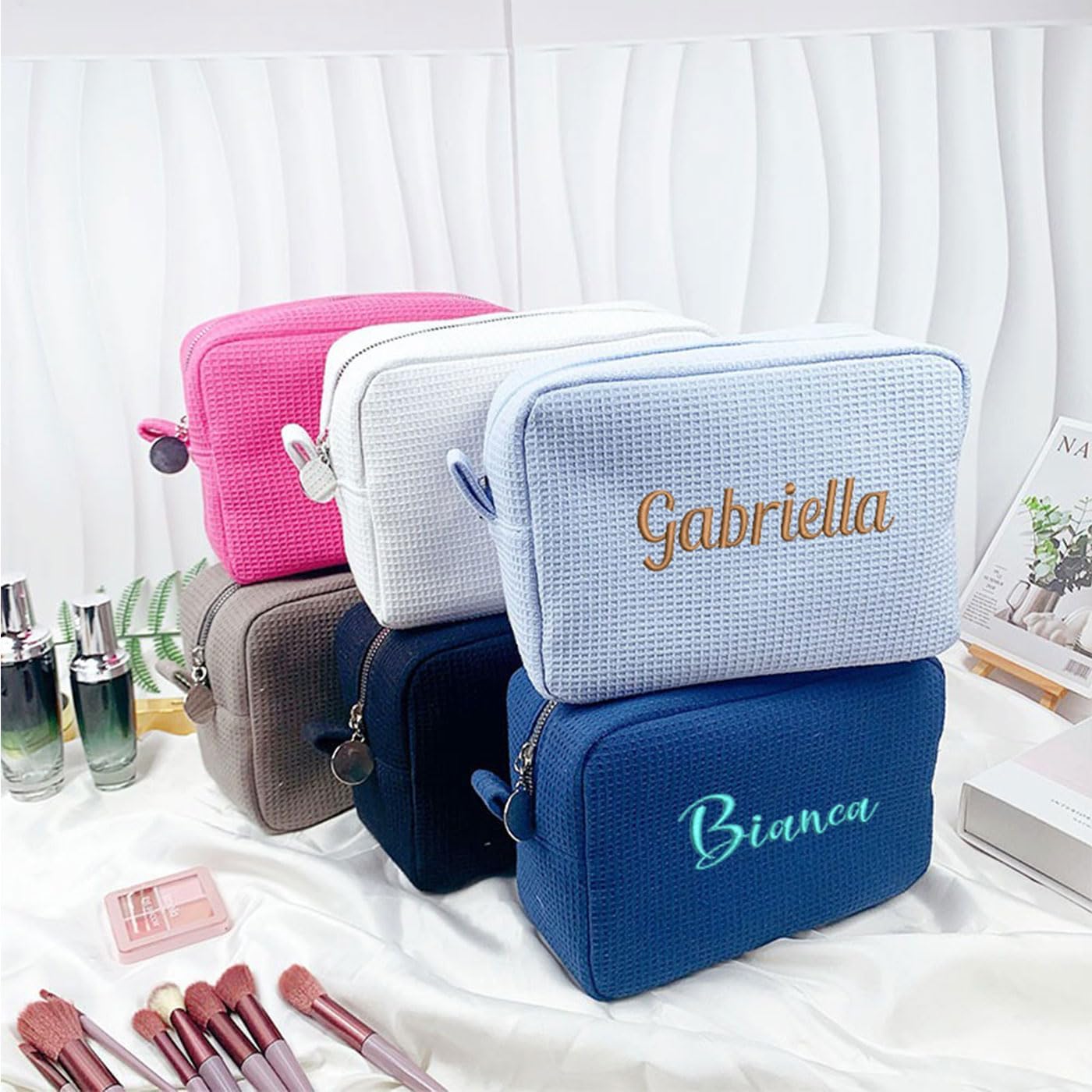 GOPHIE Personalized Embroidered Makeup Bag,Custom Waffle Fabric Cosmetic Pouch for Women, Travel Makeup Pouch (1, Black)