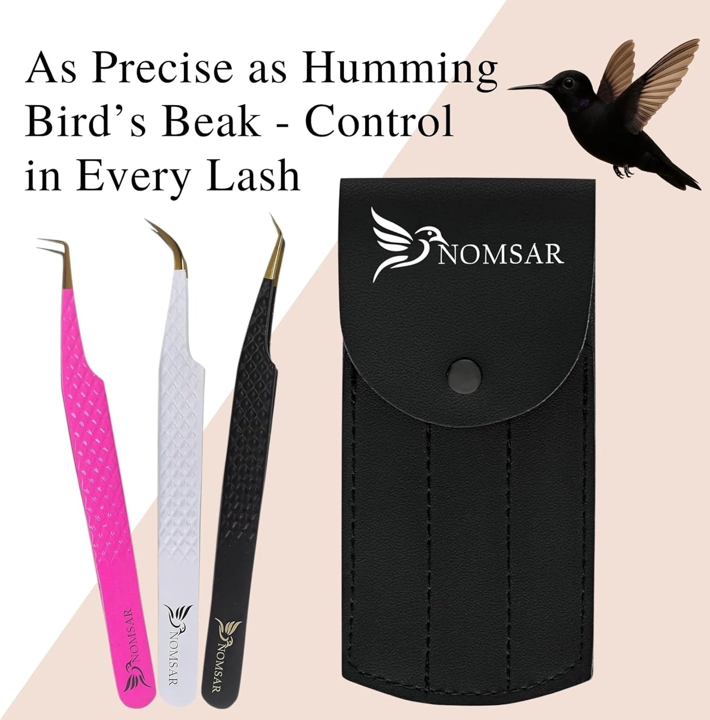 Eyelash Extensions Tweezers, Set of 3 - Stainless Steel with Diamond Grip for Volume lash Extension - Fiber Tip Tweezers for Multipurpose & Application (Peach)