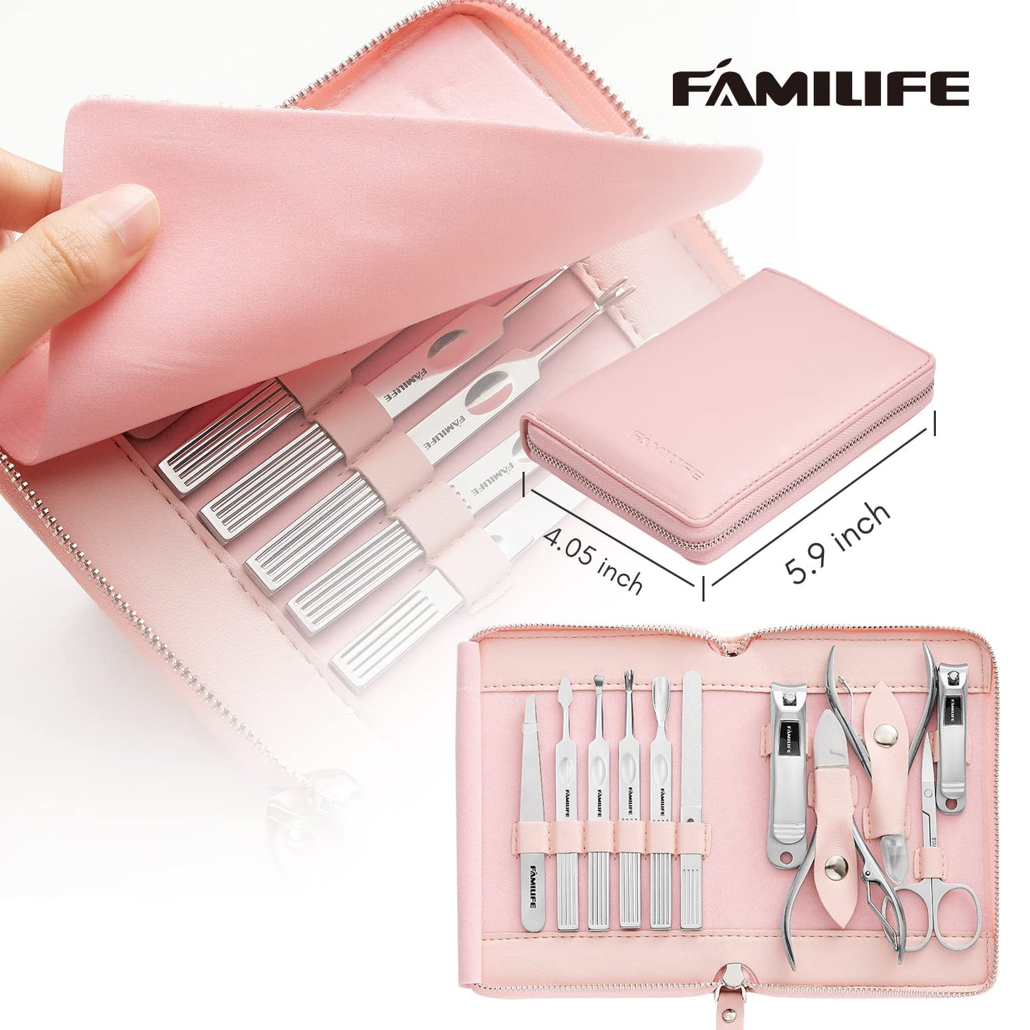 FAMILIFE Manicure Set Professional Manicure Kit Nail Kit - 11PCS Gifts for Her Nail Clippers for Women Stainless Steel Pedicure Sets Pink Leather Case