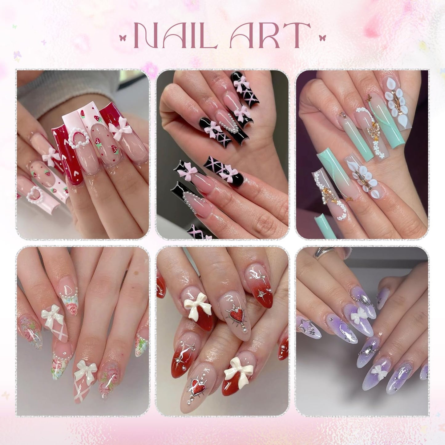 3D Nail Charms and Gems Set 9, 20PCS Chunky Butterfly Charms + 60PCS Coquette Nail Bows in 2 Styles + 3D Flowers for Nails with Rhinestones, Pearls, Diamonds, and Picker Tools for Y2K Nail Decor