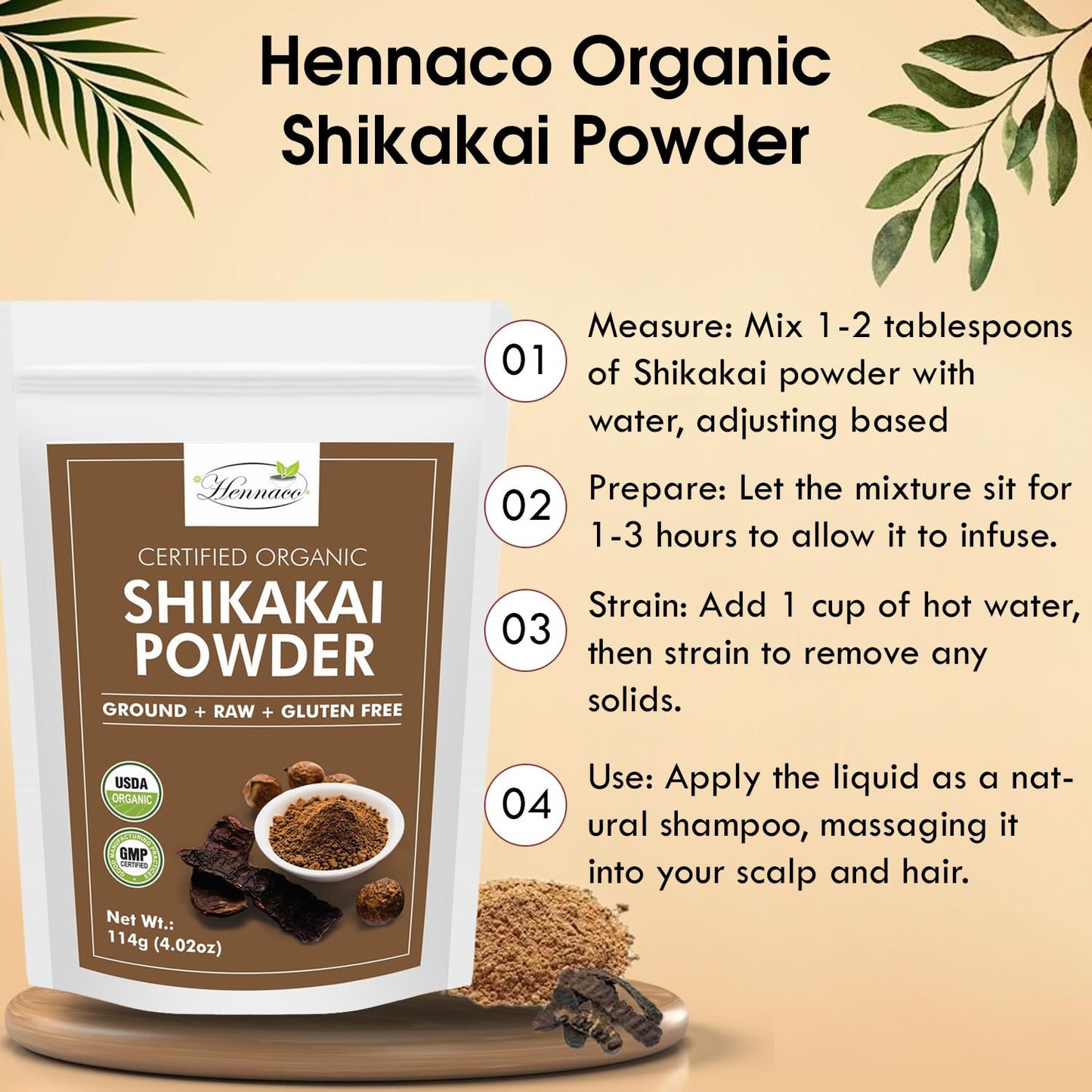 hennaco Organic Shikakai Powder| Acacia concinna Powder| Natural Hair Cleansing & Conditioning| Organic Hair Wash Powder| Shikakai Powder for Hair| 114 Grams (4 OZ)