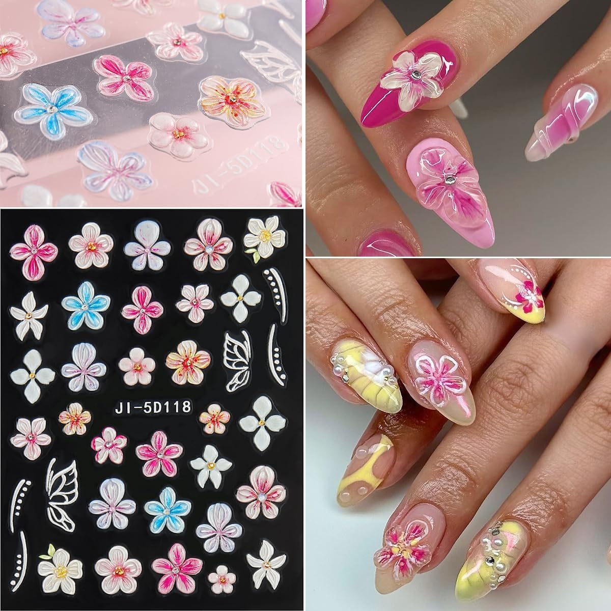 5D Embossed Flower Nail Stickers, 5PCS Colorful Floral Nail Art Stickers Pink Cherry Blossom Hibiscus Daisy Nail Decals Self-Adhesive Pegatinas para Uñas Spring Summer Decoration
