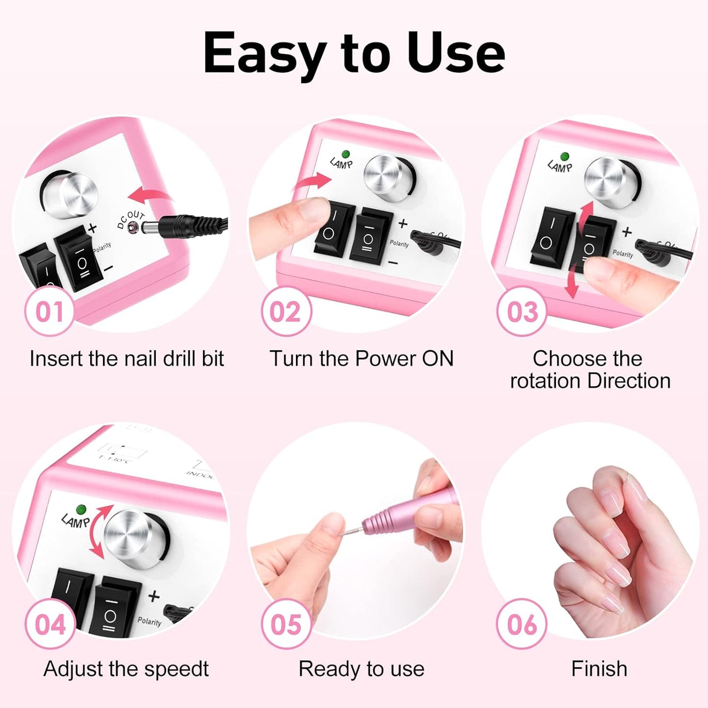 20000RPM Electric Nail Drill Professional Nail File Drill Acrylic Nails Kit for Manicure Gel Nail Polish Remover with 1 Pack of Sanding Bands(Pink)