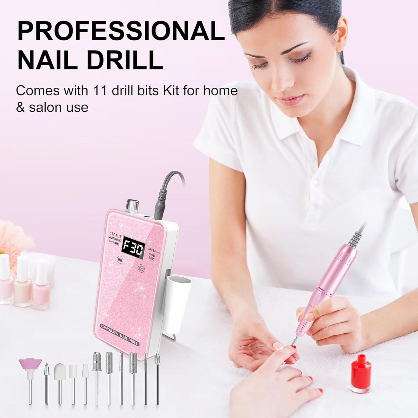 Professional Electric Nail Drill File:COSYGLOW Glitter Portable Cordless E-File Nail Drill Kit with 11 Drill Bits,30000 RPM Rechargeable Nail Drills Machine for Acrylic Nails Gel Polishing (Pink)