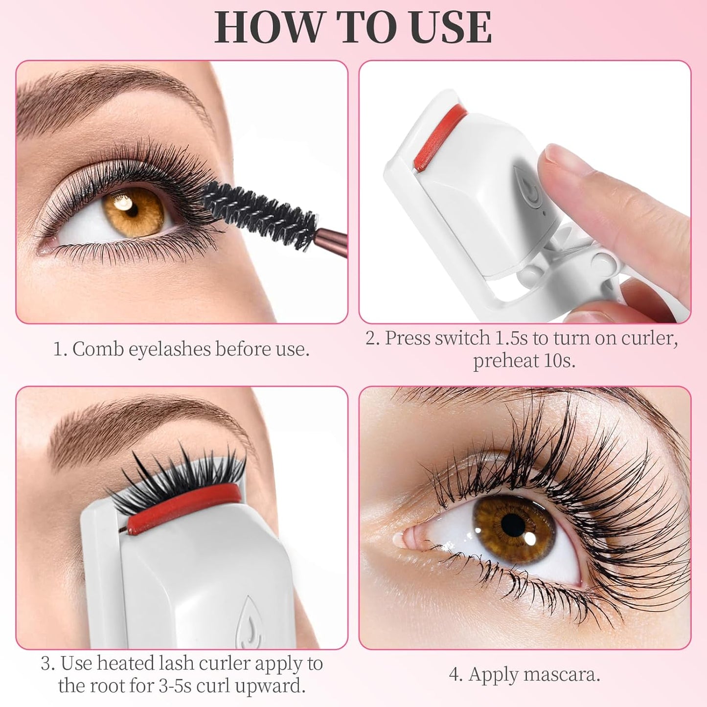 Heated Eyelash Curler, Rechargeable Electric Eyelash Curlers Fast Heat Up in 5s for 24 Hours Long Lasting, C-Shaped Safe Anti-Burn Quick Natural Eyelash Separator Tool Lash Comb (White)