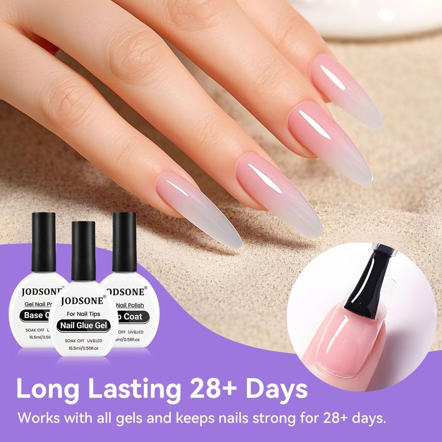 JODSONE 3Pcs 16.5ml Top Coat and Base Coat Set with Nail Glue Gel No Wipe Top Coat Base Nail Glue Gel for Attaching False Nails Securing Decorations Need U V Lamp Cured