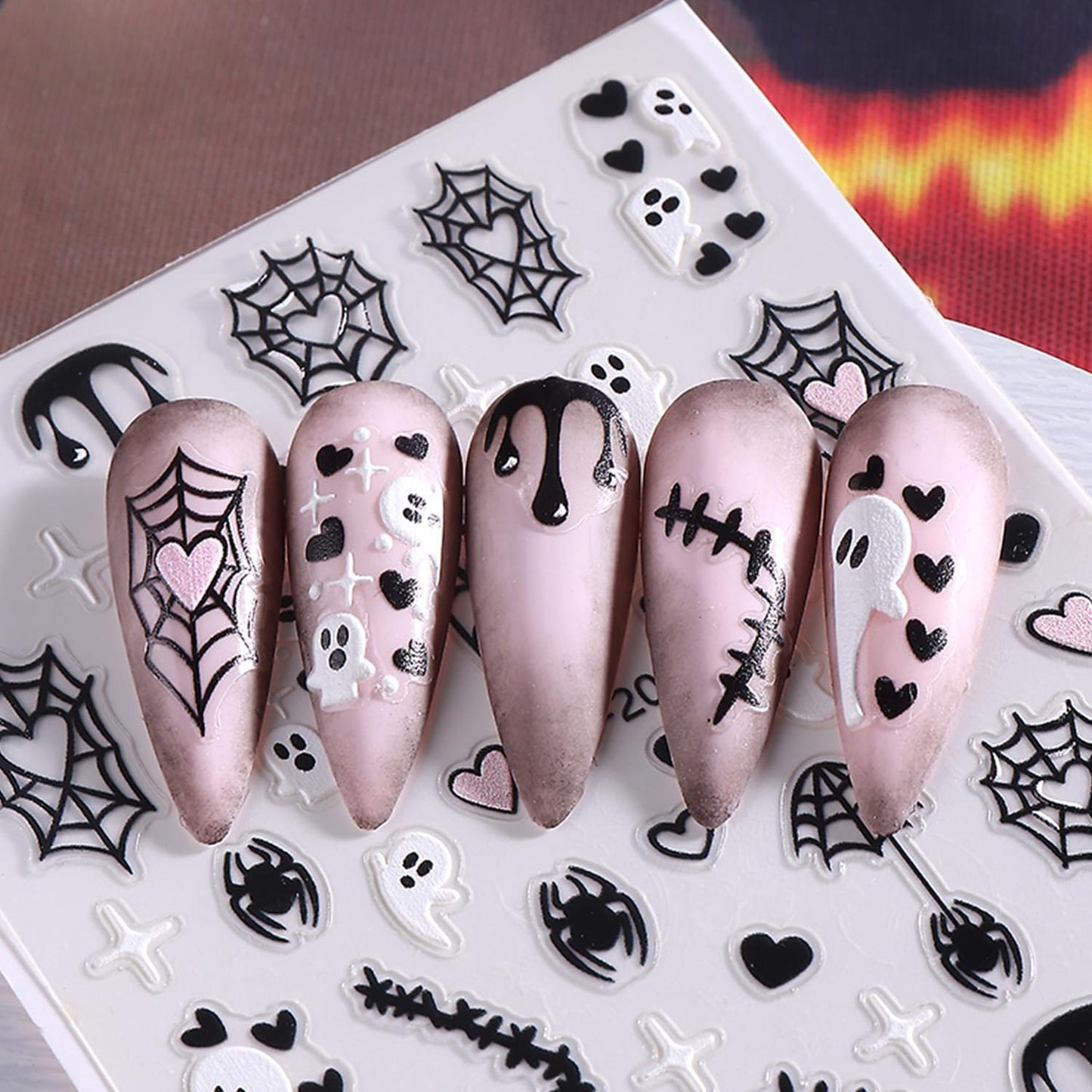 Embossed Halloween White Ghost Nail Stickers Decals Black Spider Web Bat Nail Art Sticker Decal Blood Drop Nails Sticker Self-Adhesive Spider Nails Decal for Women Halloween Decor