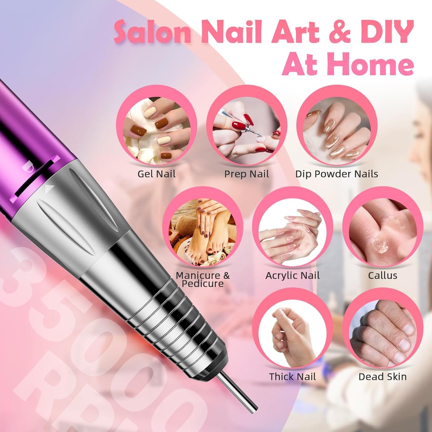 CIVPOWER Nail Drill Professional: 35000RPM Electric Nail File - Portable Rechargeable LED Display Nail Tool Kit- Manicure Pedicure Salon Home DIY Purple