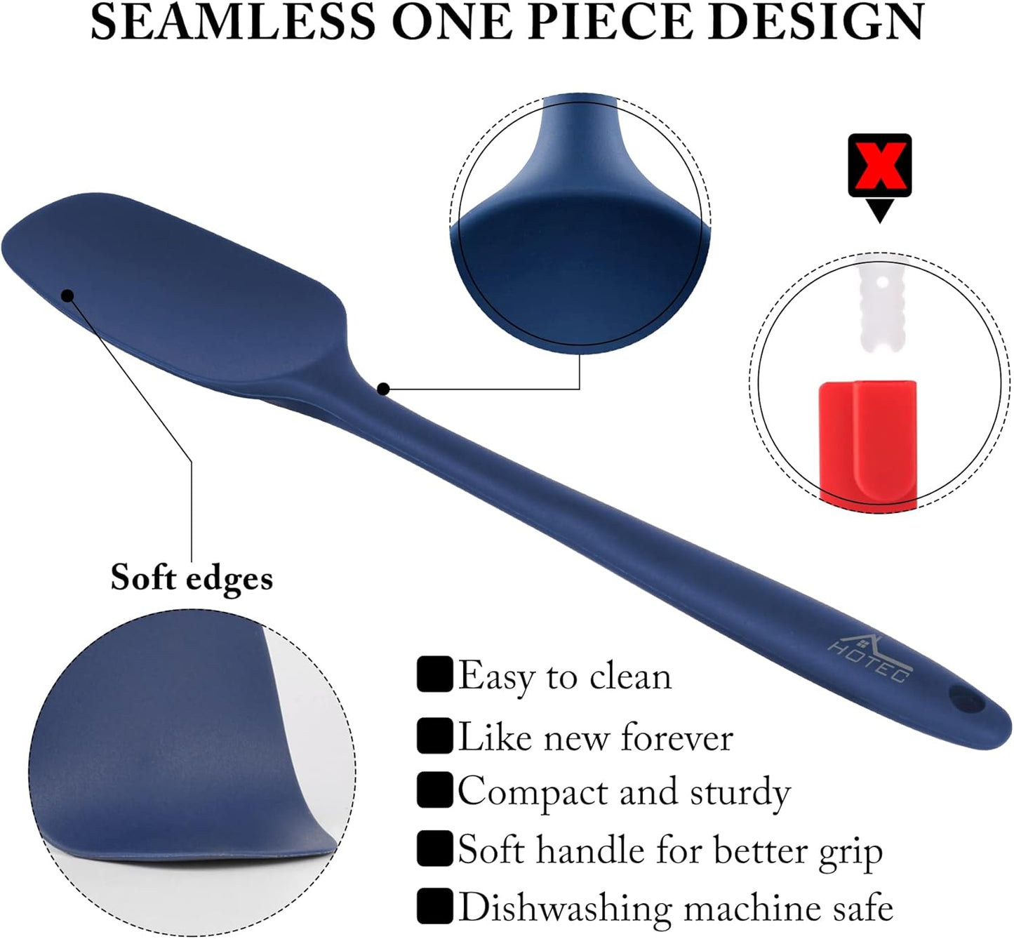 HOTEC 600℉ Heat Resistant BPA-Free Silicone Rubber Spatula Set, Kitchen Cooking Spatulas, Baking, Mixing, for Non Stick Cookware, Dishwasher Safe, Classic Blue Set of 5