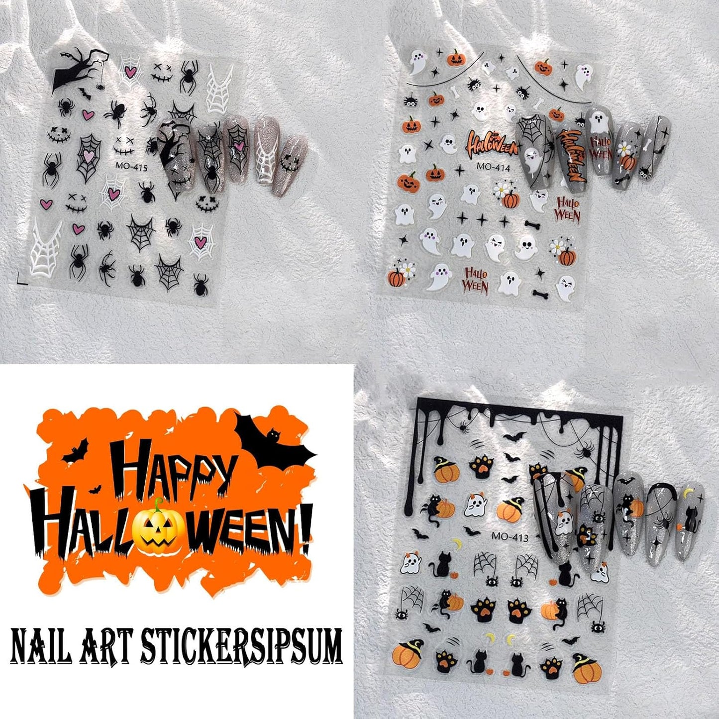 Halloween Nail Stickers Spider Web Pumpkin Spider Bat Stars Design Cute Ghost Nail Art Stickers for Holiday Acrylic DIY Nail Decoration 3 Sheets