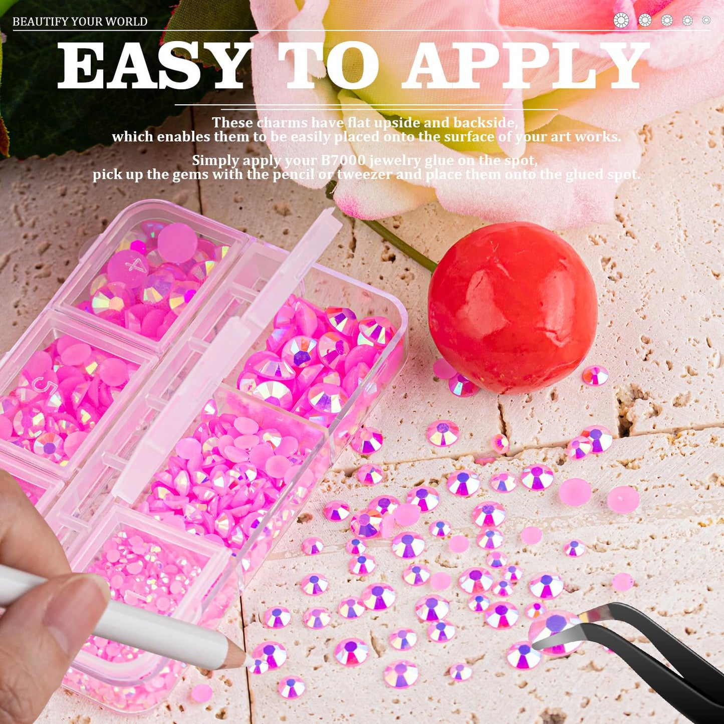 Resin Rhinestones Crafting, 2/3/4/5/6mm Flatback Jelly Rhinestones, 3 Box Pink AB Non Hotfix Crystal Gems for Bedazzling Crafts Mugs Tumblers Clothes Makeup Nail