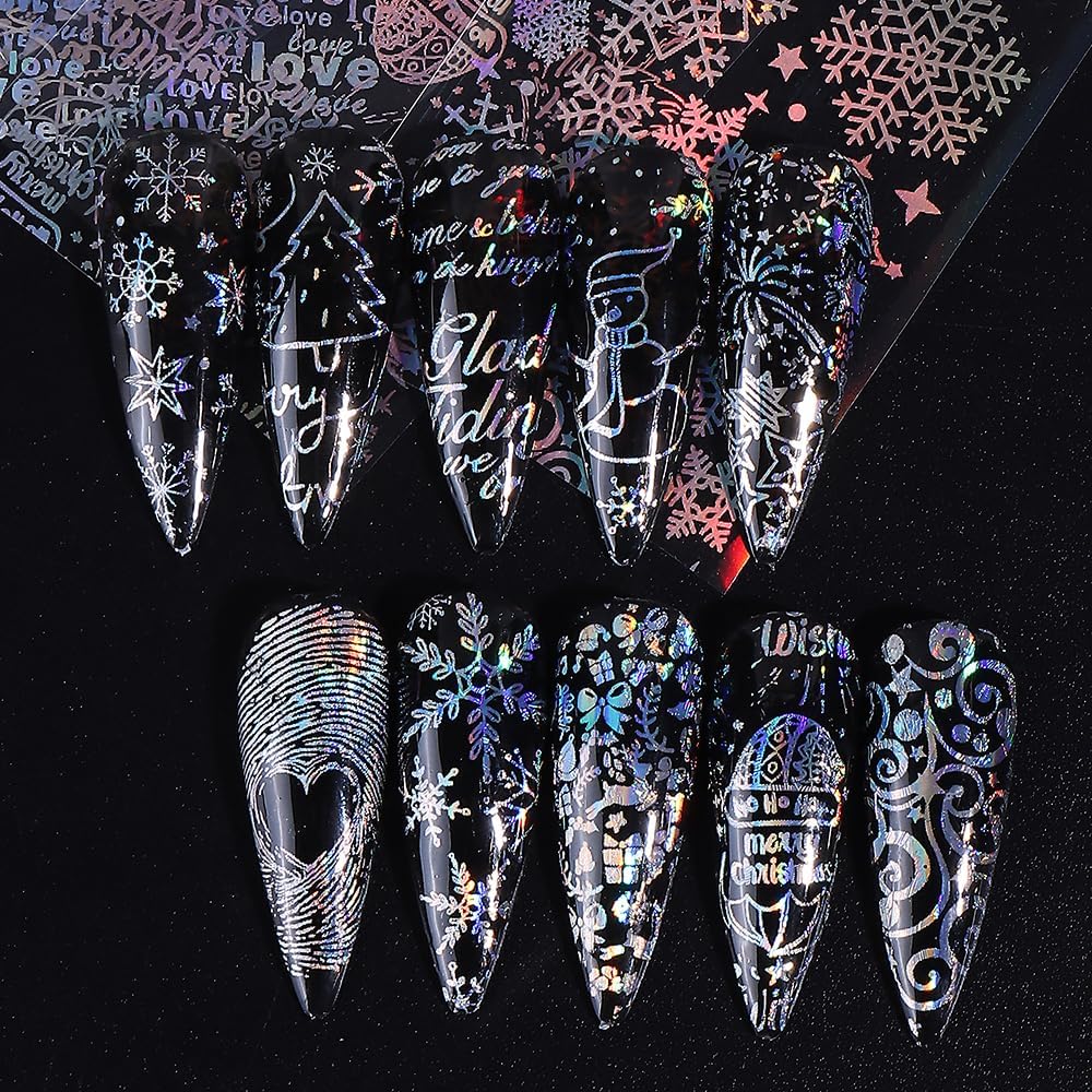 Christmas Nail Art Foils Transfer Stickers 10Rolls Laser Snowflake Nail Foils Adhesive Decals Nail Art Supplies Crystal Ball Xmas Tree Snowman Fireworks Deer Starry Sky Paper for Women Nail Decoration