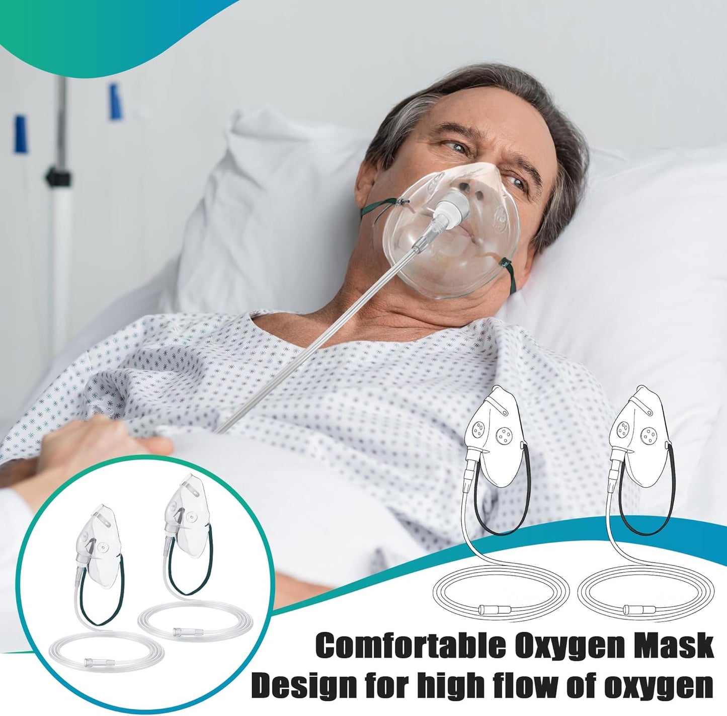Geiserailie 2 PCS XL Oxygen Mask with 6.6 Ft Tubing and Adjustable Elastic Strap, Adult Oxygen Mask with Tubing, Transparent Oxygen Masks for Face Adult