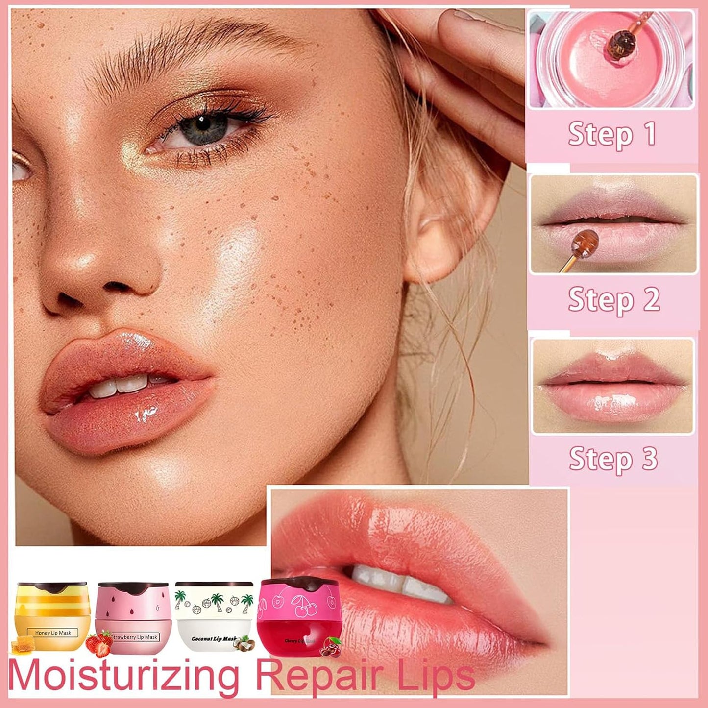 4 PCS Bee Lip Balm Honey Pot, Honey Strawberry Cherry Coconut Sleeping Lip Mask Overnight with Sticks, Exfoliating Prevention Dry and Crack Lip Scrubs