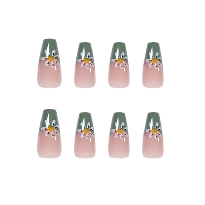 French Short Press On Nails coffin, Nude Fake Nails with Green French Tip and Graceful White Floral Petal Design, Glossy Gel Finish Acrylic Nails, Natural Reusable Glue On Nails Kit for Women, 24 Pcs