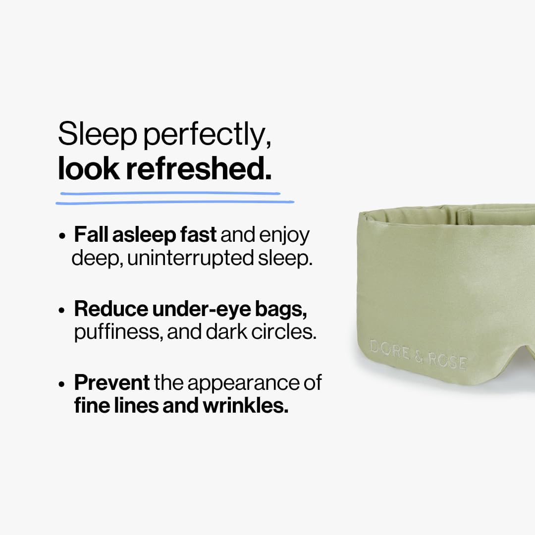 Dore & Rose Deep Sleep Mask Light Blocking, 23 Momme Mulberry Silk Eye Mask, Ultra Soft, Adjustable - Travel Sleeping Mask for Men & Women - Olive
