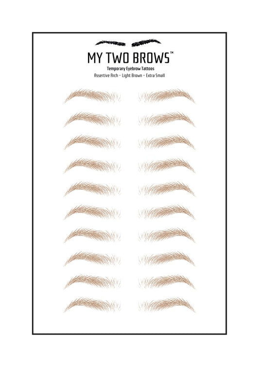 (10 pairs) Light Brown Temporary Eyebrow Tattoo - Extra Small Size - Waterproof & Smudgeproof - Assertive Arch Style Eyebrow Stickers - Sheet Lasts up to 30 Days - Won't Work on Existing Brows