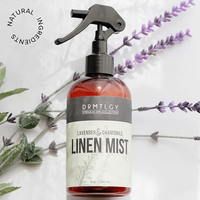 DRMTLGY Natural Lavender Linen Mist and Room Spray. Pure Lavender Essential Oil and Chamomile Pillow Spray, and Fabric Aromatherapy Spray, 8oz, 2 pack