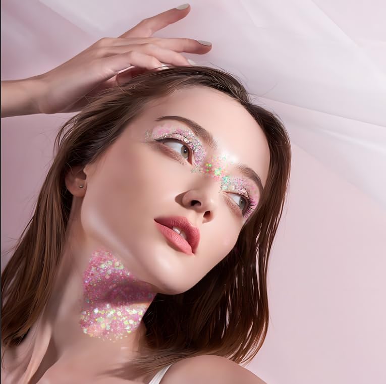 DAGEDA Body Glitter Gel, Face Glitters Body Gel Sequins Shimmer Liquid Eyeshadow, Chunky Glitter for Face Hair Nails, Holographic Cosmetic Laser Powder Festival Glitter Makeup 1.7oz (Light Pink)