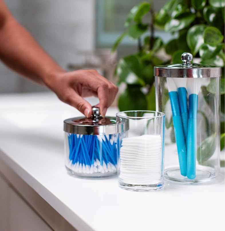 Huang Acrylic Chrome Lid Clear Cosmetic Container | Store Q-Tips, Cottonballs, Cotton Rounds | Perfect Counter Top or Shelf Storage | Small