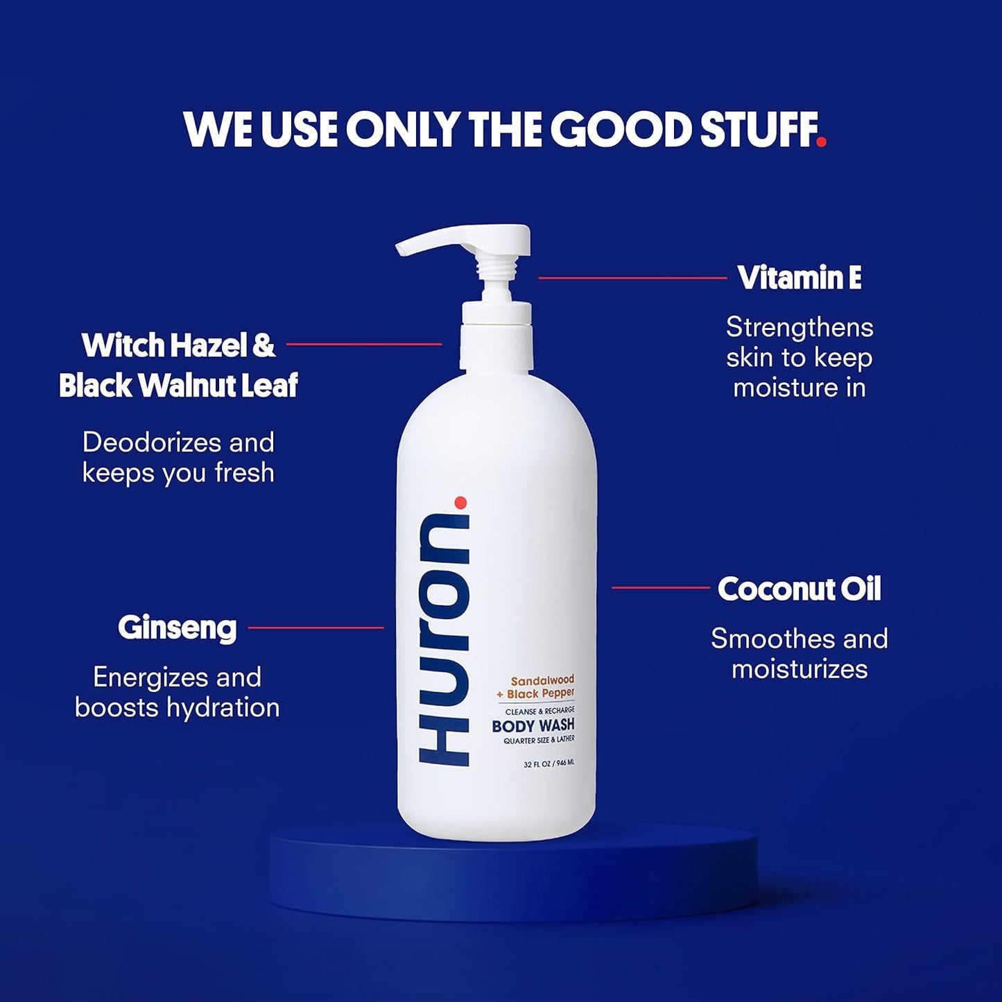 Huron Jumbo Shower Kit - Shampoo, Conditioner, & Body Wash For Men - Sandalwood + Black Pepper Scent - Hydrating & Nourishing Men’s Shampoo & Conditioner (30.3 Oz Each)