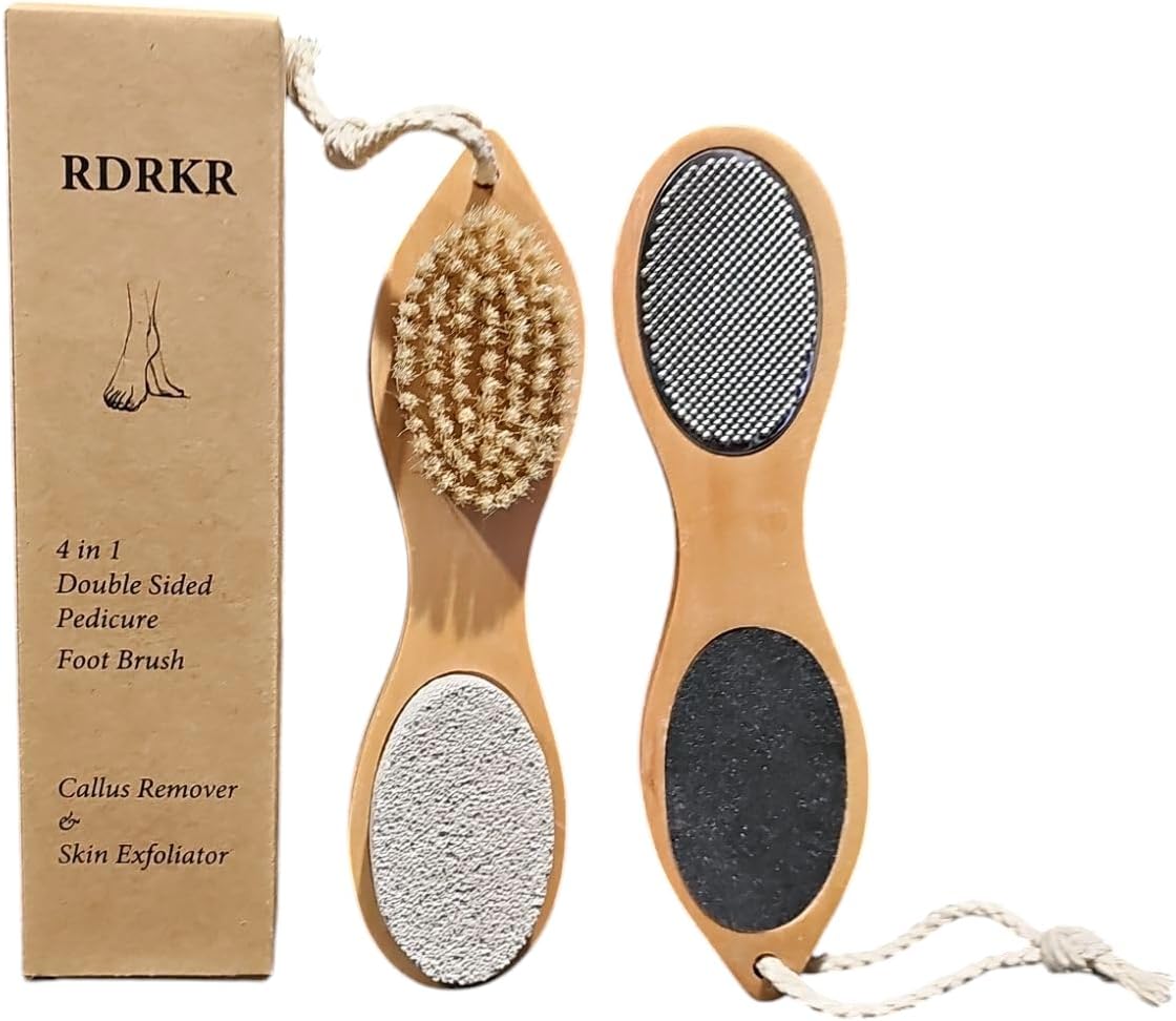 Pumice Stone Foot File 4 in 1 Double Sided Foot Cleaner Kit Pedicure Steel Files Sandpaper Pumice Stone Boar Bristle Bamboo Foot Scrub