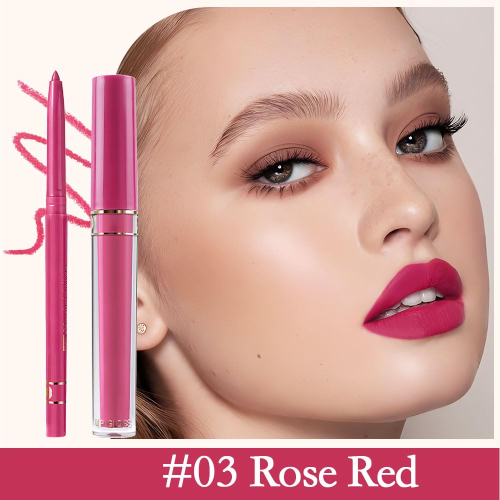 evpct 2Pcs Rose Red Matte Lip Liner and Lipstick Lip Gloss Pencils Makeup Set Kit for Women Long Lasting Waterproof