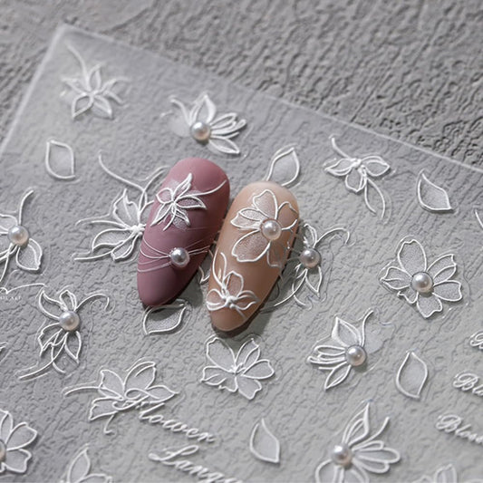Flower Nail Art Stickers Sparkly White Floral Nail Stickers 5D Embossed Light Style Nail Decals Accessories Pearl Adhesive Slider Nail Art Supplies for Women DIY Decorations