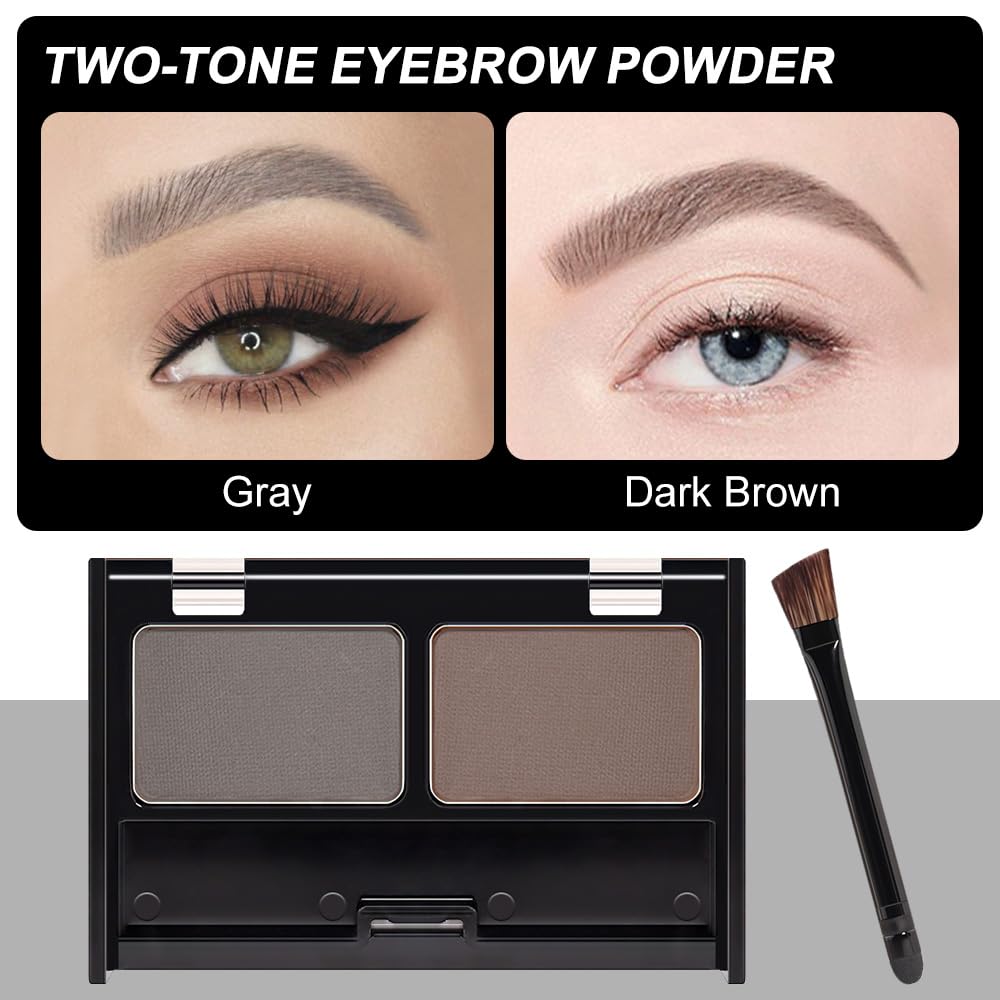 Eyebrow Powder Medium Brown Light Gray Kit,Eye Brow Powder for Women with Double-ended Eyebrow Brush,Long-Lasting Waterproof Two Colors Brow Filler Get Full Defined Natural Brows,Powder Eyebrow Makeup
