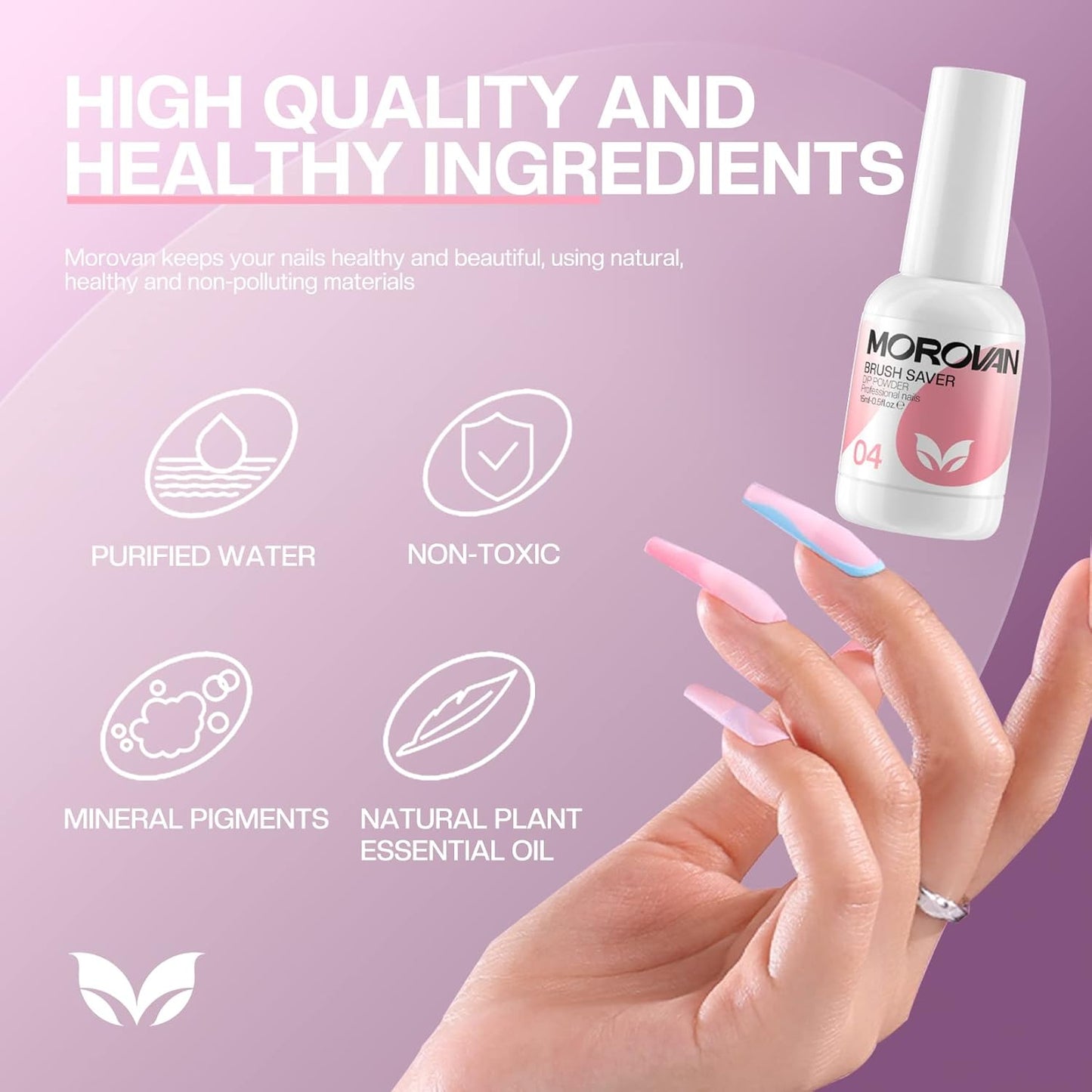 Morovan Dip Powder Liquid Set with Activator Base Top Coat and Dipping Powder Brush Saver 4pcs 0.5oz for Dip Powder Nail Kit