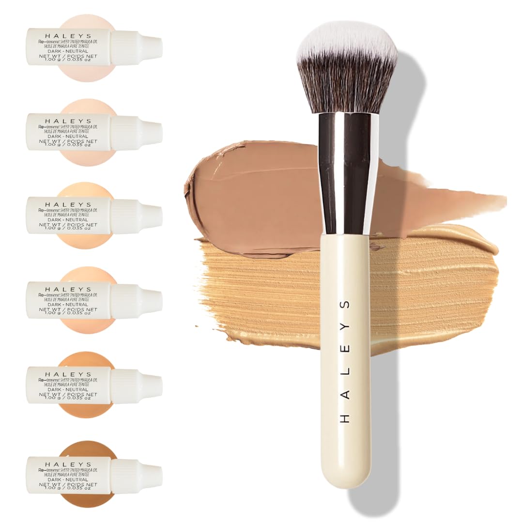 HALEYS Kabuki Makeup Brush + GWP Skin Tint Mini, VEGAN+CRUELTY-FREE, Sustainable Wood, Vegan Bristles for Airbrushed Finish, For Creams, Liquids, Powder, Streak-free, Perfect Blending, Buffs, Blurs