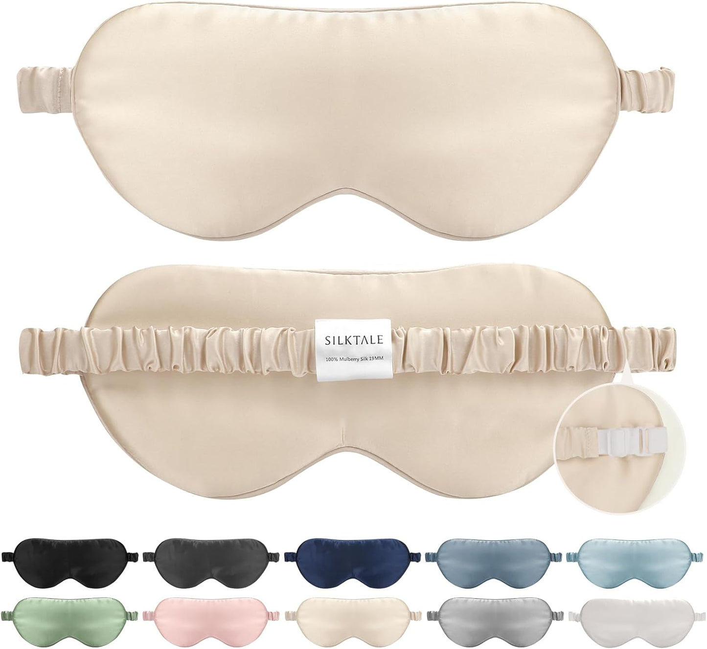 100% Mulberry Silk Eye Mask for Sleeping with Silk Wrapped Adjustable Strap,Beige