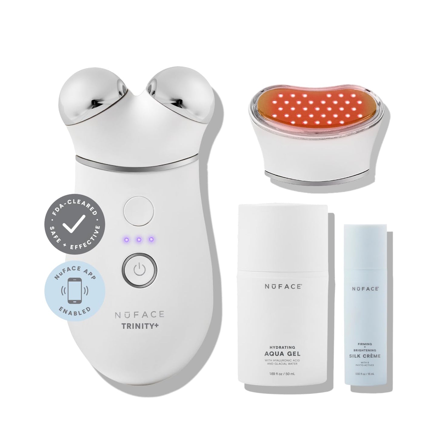 NuFACE TRINITY+ Microcurrent Facial Device + LED Red Light Wrinkle Reducer Attachment - FDA Cleared Skin Tightening Device + Microcurrent Gel Activator & Silk Creme