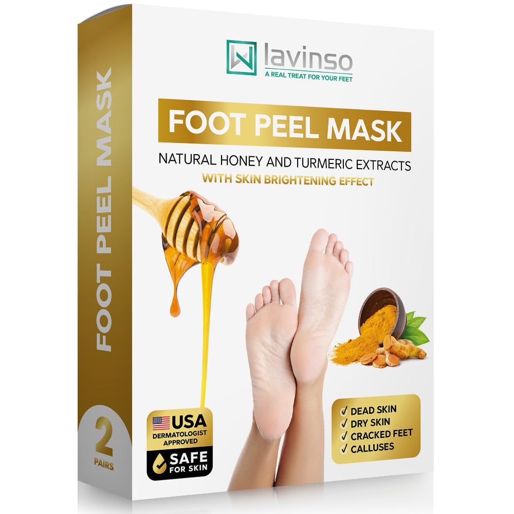 Lavinso Honey Feet Peeling Mask for Dry Cracked Feet - 2 Pack - with Kojic Acid Skin Brightening Effect - Exfoliating Dead Skin and Calluses - Foot Peel Mask for Baby Soft Feet