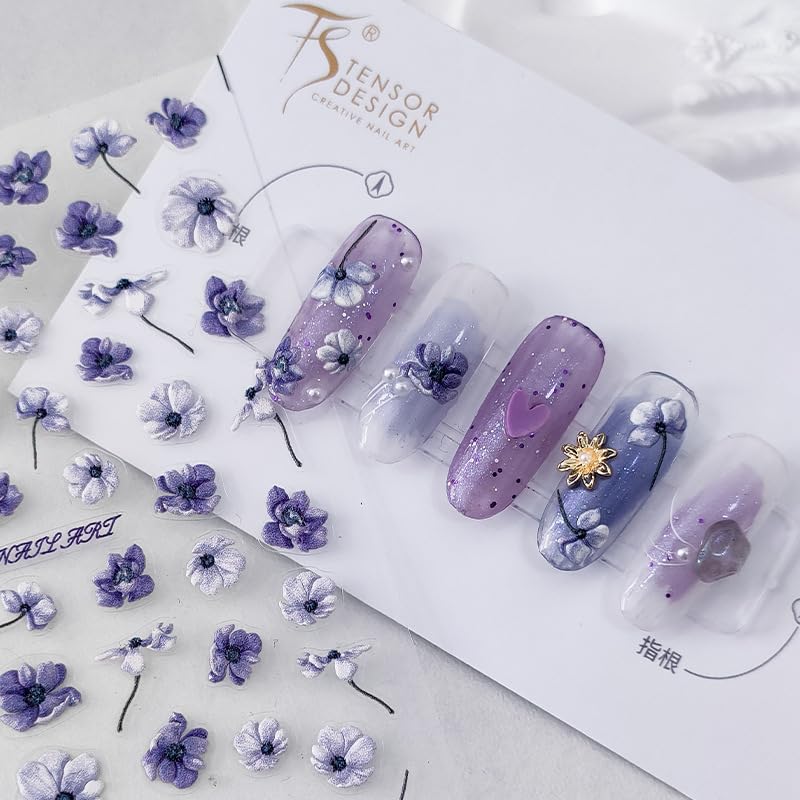 Flower Nail Art Stickers 5D Embossed Purple Floral Nail Stickers for Nail Art Self-Adhesive Nail Design Stickers 1 Sheets Nail Art Decoration Nail Supplies Accessories (1, Purple Flower)
