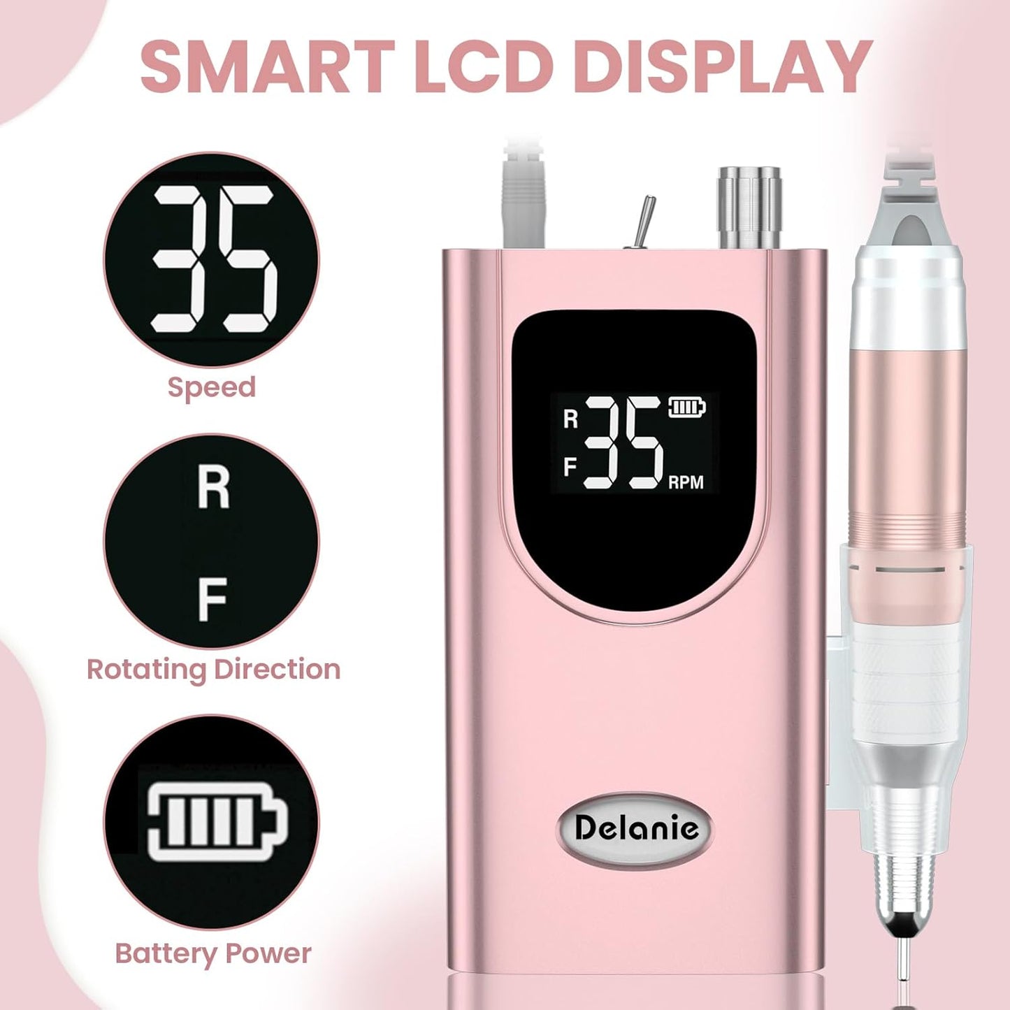 Delanie Professional Portable Electric Nail Drill Machine, 35000 RPM Rechargeable Cordless Nail Filer Electric Nail File Efle for Dip Powder Acrylic Gel Nail, Salon Nail Tool, Rose Gold