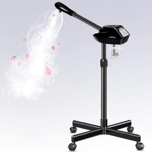 Professional Facial Steamer with More Steam for Deep Cleansing and Hydration, Face Steamer on Wheels with Time Setting, Estheticians Steamer Adjustable Height for Beauty, Spa and Home Use（Black）