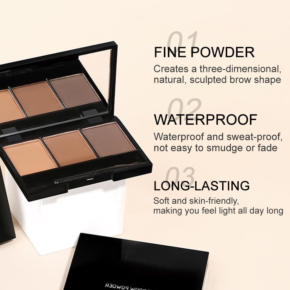 Eyebrow Powder Dark Light Brown Grey Kit,Eye Brow Powder for Women with Brow Brush,Long-Lasting Waterproof Three Colors Brow Filler Get Full Defined Natural Brows,Brown Eyebrow Powder Makeup