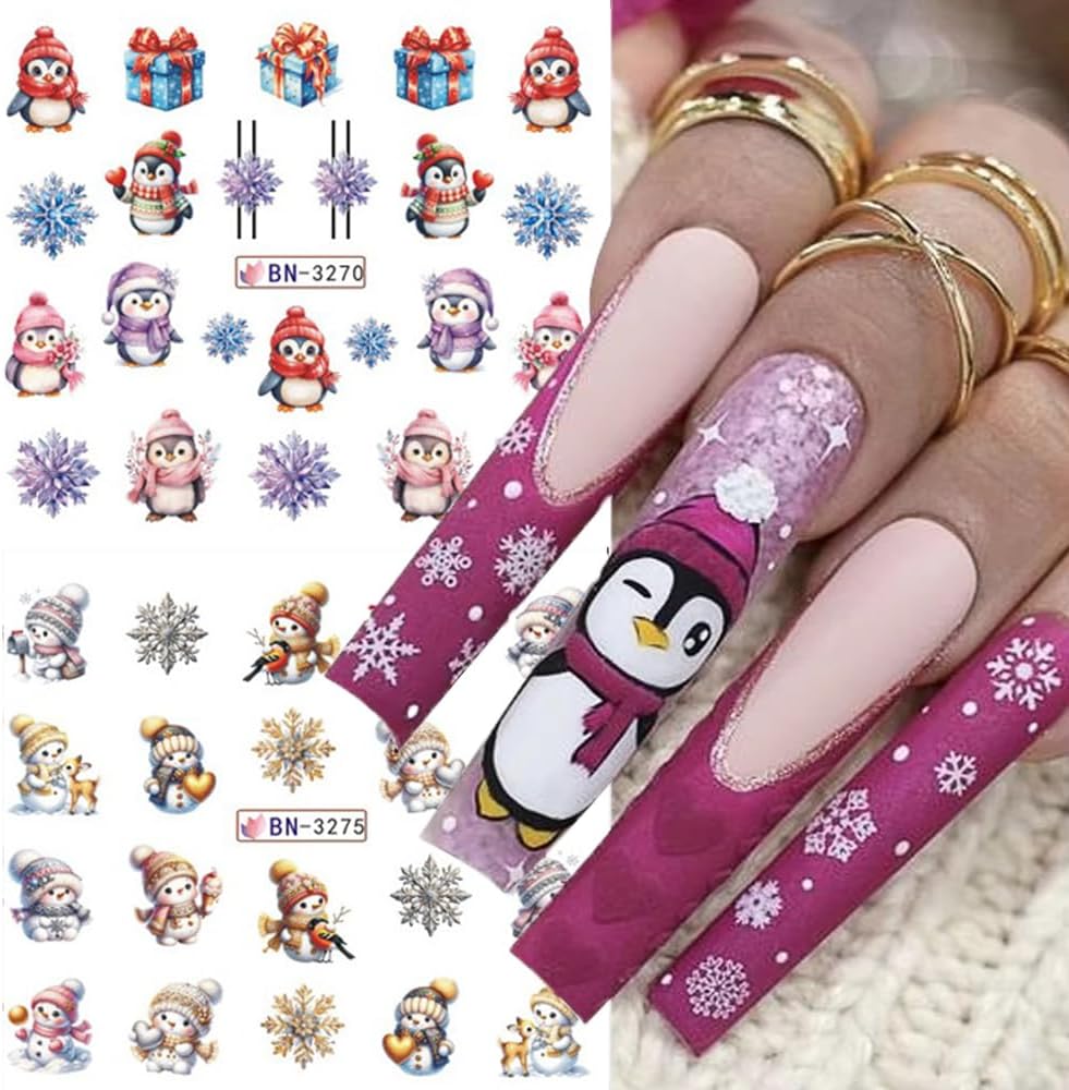 Christmas Nail Art Stickers Snowman Snowflake Water Transfer Nail Decals Xmas Winter Nail Art Decorations Cute Penguin Santa Claus Elk Gingerbread Man Gift Design Nail Foil Sticker for Women DIY Nails