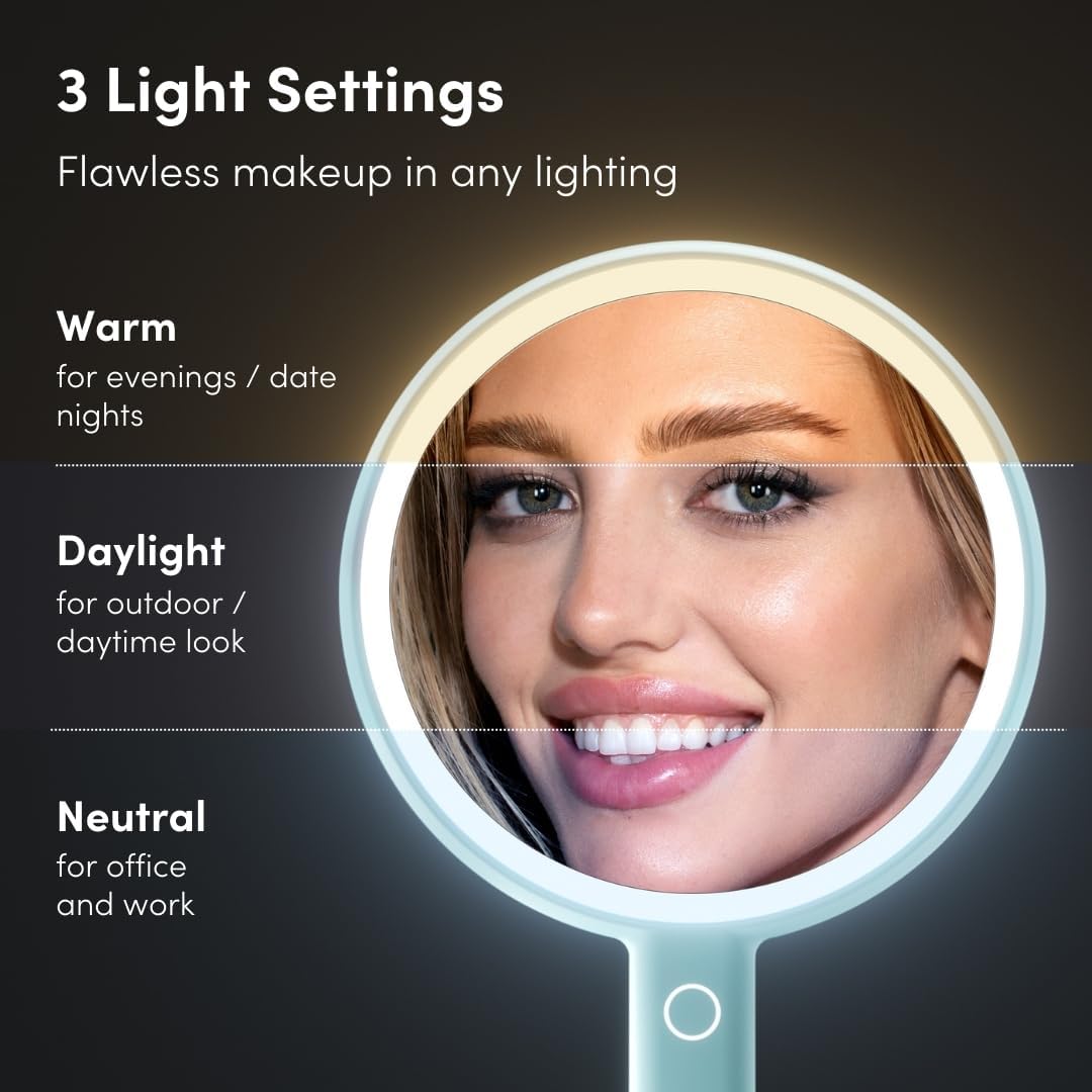 Fancii Cami Handheld Travel Makeup Mirror with Lights, Rechargeable, Extra Large, Double Sided 5X / 1X Magnifying Mirror - 3 Color Lighting, Handheld or Vanity (Blue Fluff)