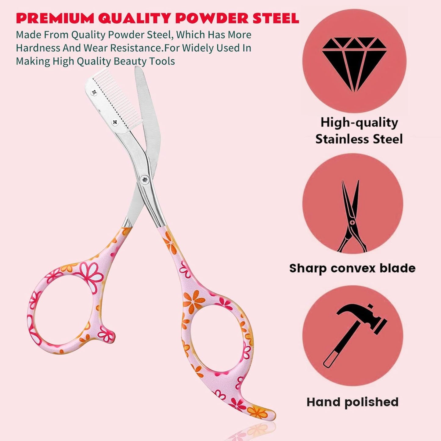 Eyebrow Trimmer with Comb Facial Grooming Scissors Kit Professional Precision Eye brow Trimmer Stainless Steel Eyebrow Trimmers Scissors with Combs Perfect for Gifts for Men and Women (Pink)