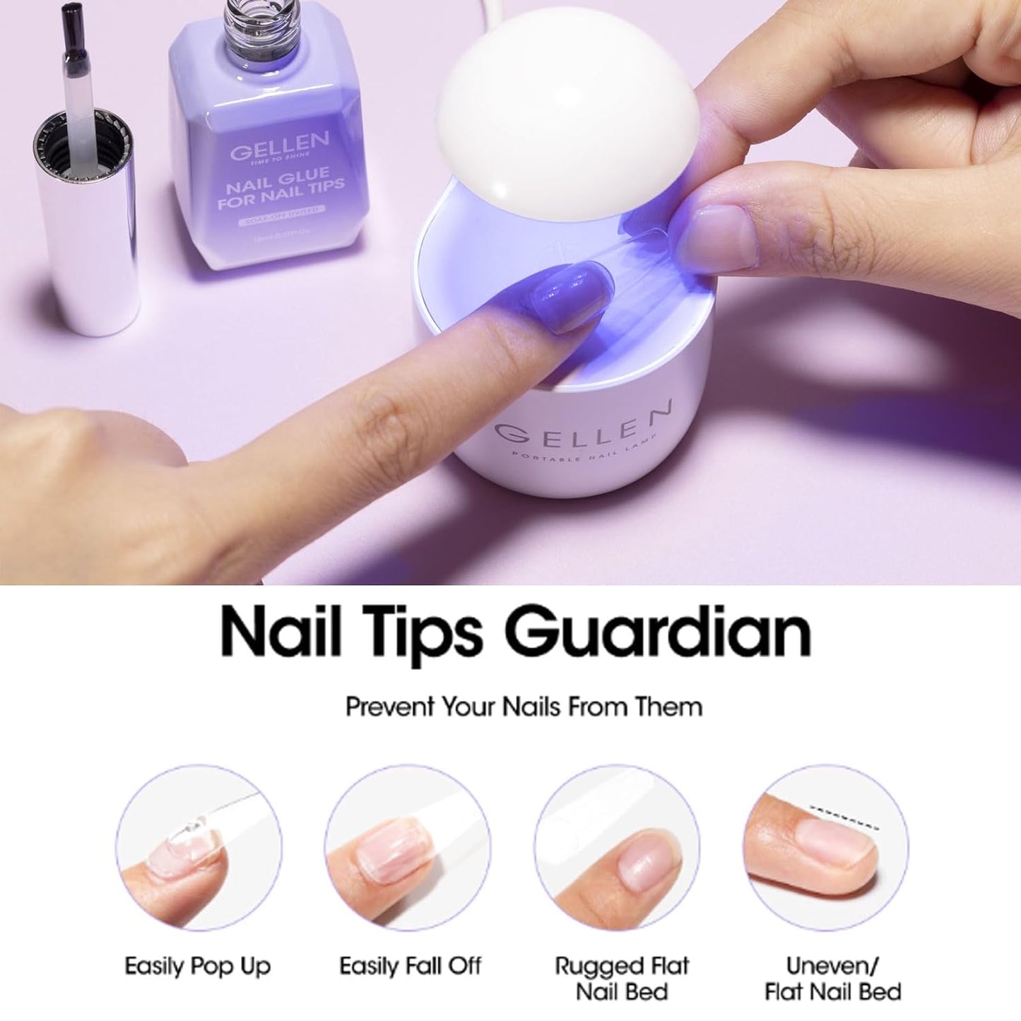 Gellen 2 Pcs Gel Nail Glue for Nail Tips, 4 in 1 UV Extension Glue for Acrylic Tips & Clear Press on Nails & False Nails, Base Gel, Rhinestone, U V Led Lamp Needed