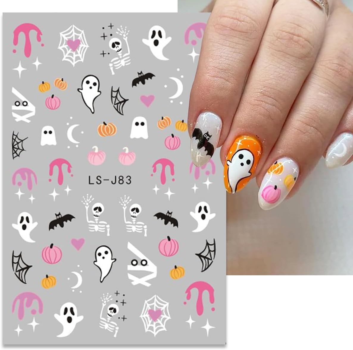 Halloween Nail Stickers Decals 8 Sheets Halloween Self Adhesive Nail Design Stickers Ghost Pumpkin Spider Web Bats Nail Art Decals for Women DIY Manicure Halloween Nail Glitter Decals Decoration