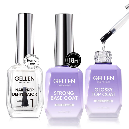 GELLEN Top Base Coat Gel with Nail Dehydrator, 18ml Hema-Free Acid-Free No Wipe Strong Base Ultra Glossy Top for for Long-Lasting Acrylic, Gel Polish, Builder Gel, Nail Tech Supplies
