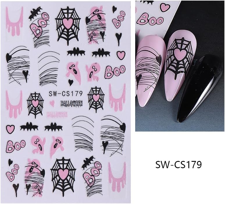Halloween Nail Art Stickers 8 Sheets Cute Ghost Pink Pumpkin 3D Self-Adhesive Nail Decals Blood Chilli Cherry Designs ScorpionNail Decorations Halloween DIY Manicure Supplies for Women Girls&Kids