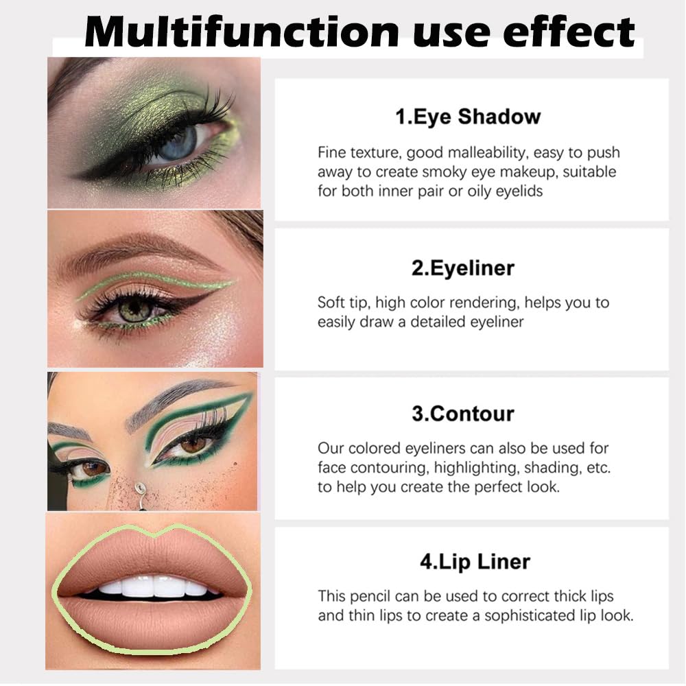 evpct 3Pcs Shimmer Emerald Green & Light Green & Shimmer Dark Green Gel Glitter Eyeliner Pencils Set for Women Waterproof Smudge Proof lapiz de ojos delineador de ojos contra el agua Eye Liner Makeup