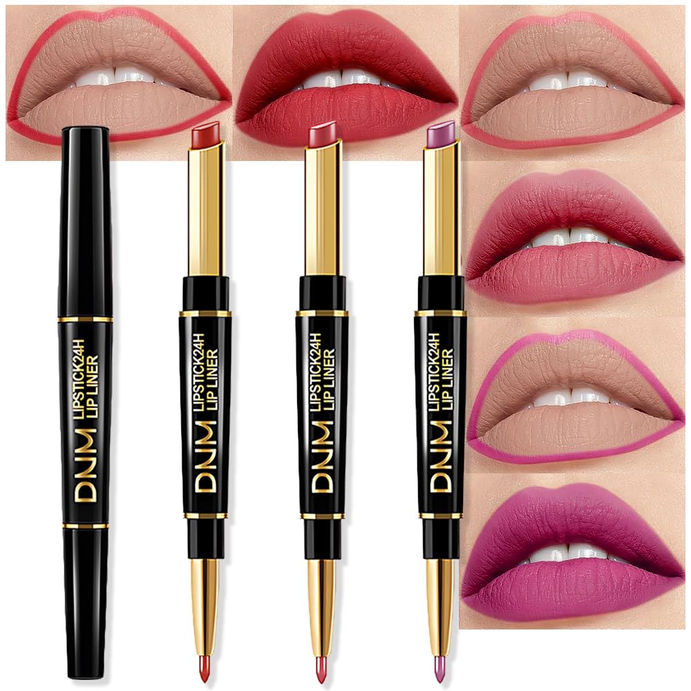 evpct 3Pcs Mauve Plum Red Purple Matte Lip Liner and Lipstick Combo Set Kit for Women, Neutral Magic Lipstick 24 Hours Original Lips Liner Pencil Stain Gloss Plumper Makeup Long Lasting Waterproof